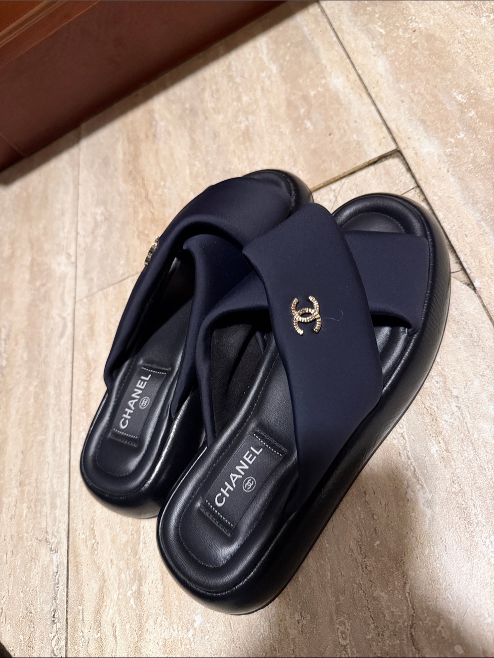CHANEL Navy Crisscross Padded Slide Sandals with Gold CC